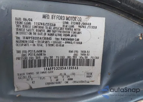 2005 Ford Taurus Se из США, поврежденный, VIN 1FAFP532X5A135543